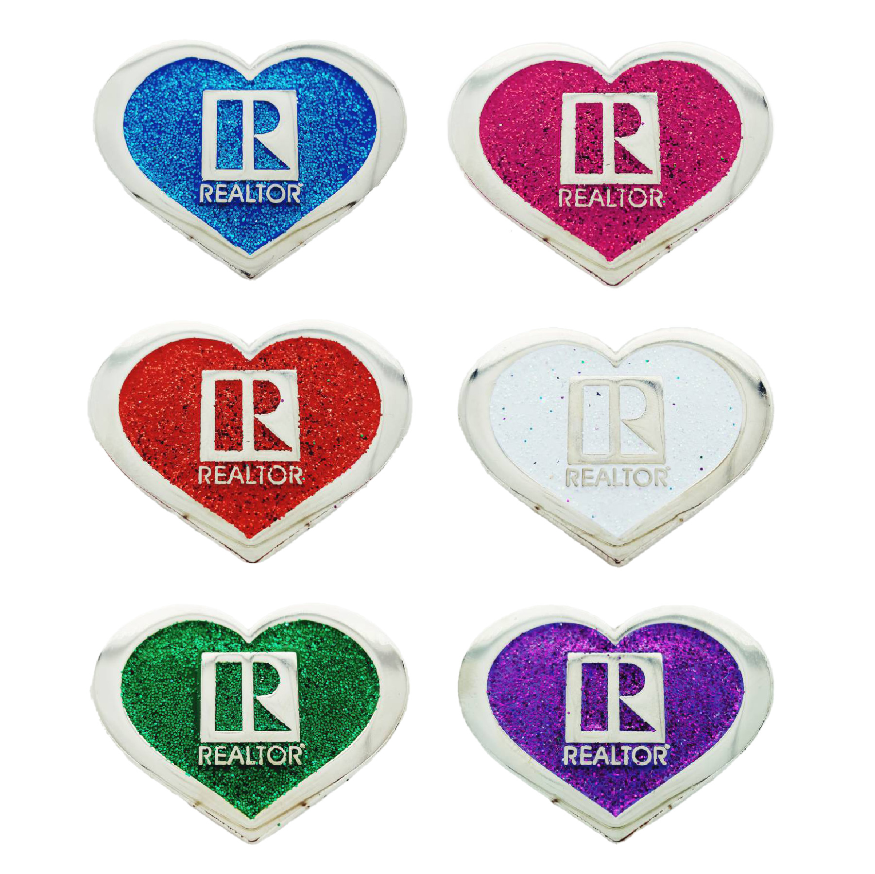 Heart Shaped Glitter Pin pins,magnetics,realtors,lapels,glittery,glitzy,gleams,sparkly,sparkles,shimmery,shiny,reds,blues,greens,pearl,iridescent,purples,pinks,original