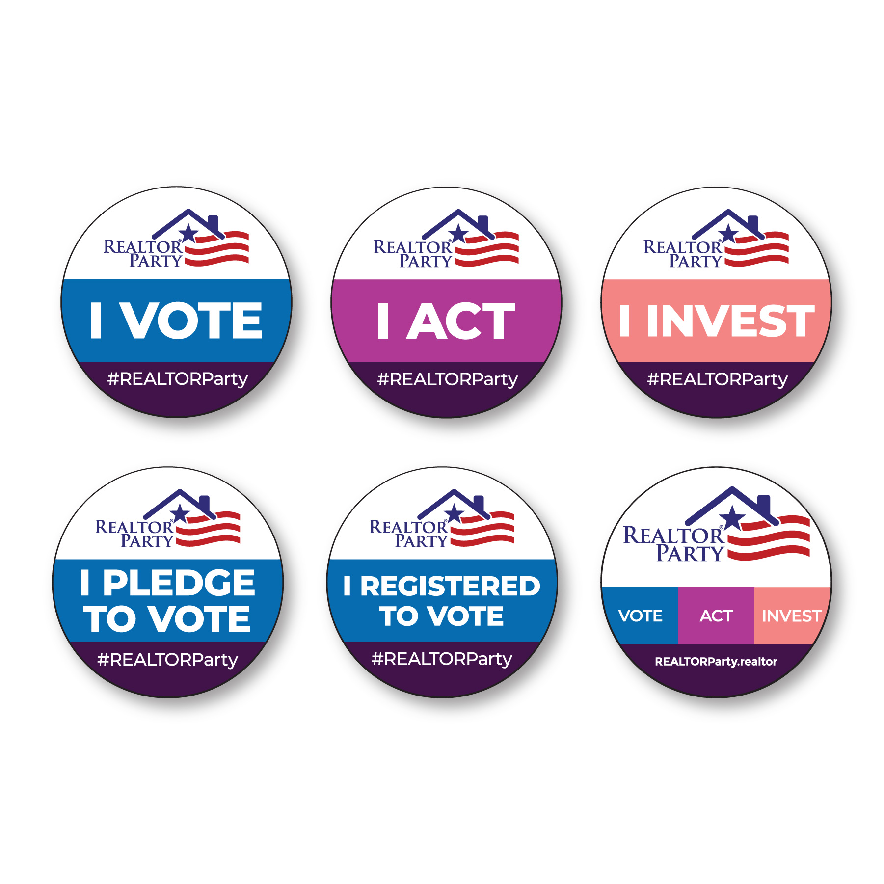 Campaign Buttons - Vote, Act, Invest - Special Order buttons,realtors,party,parties,rpac,campaign,vote,act,invest